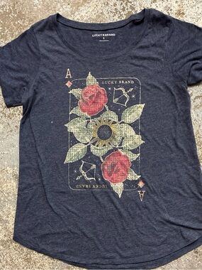 Lucky Brand Navy Heather Tee with Red and Green Floral Graphic